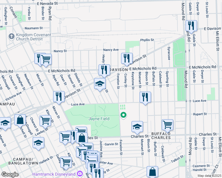 map of restaurants, bars, coffee shops, grocery stores, and more near 13528 Healy Street in Hamtramck