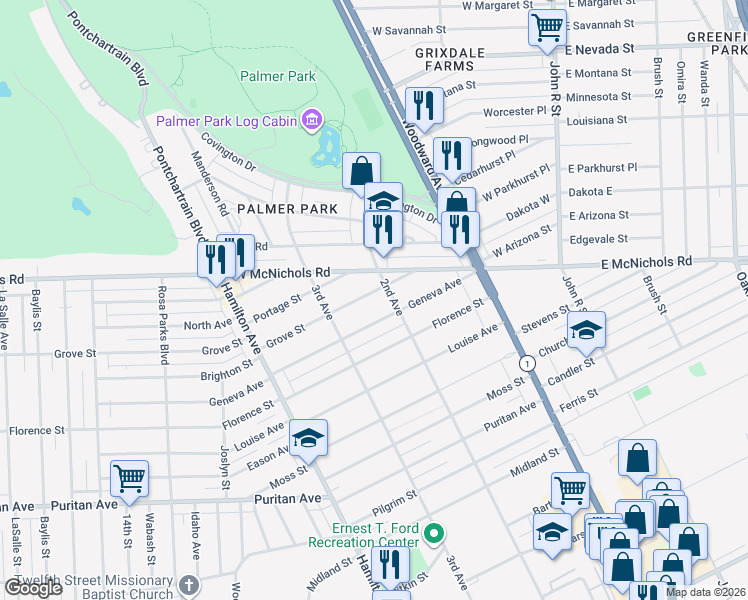 map of restaurants, bars, coffee shops, grocery stores, and more near 72 Grove Street in Highland Park