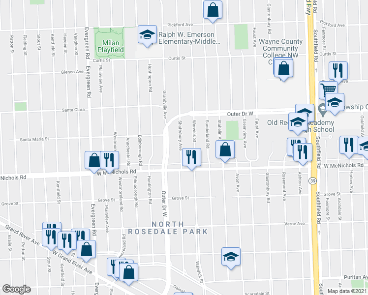 map of restaurants, bars, coffee shops, grocery stores, and more near 17194 Shaftsbury Avenue in Detroit