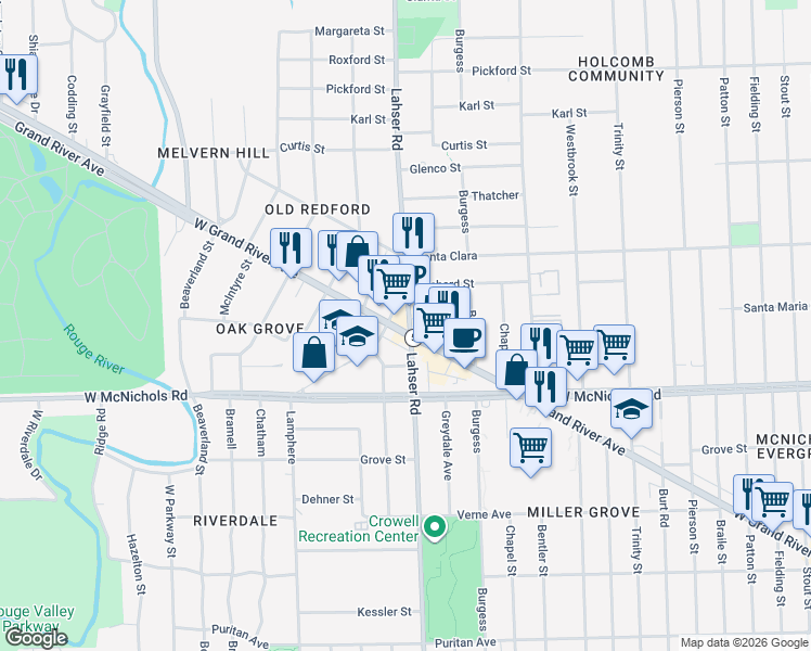map of restaurants, bars, coffee shops, grocery stores, and more near 22001 Grand River Avenue in Detroit