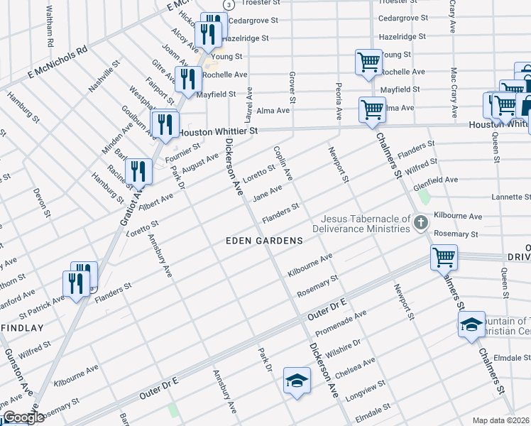 map of restaurants, bars, coffee shops, grocery stores, and more near 13037 Flanders Street in Detroit