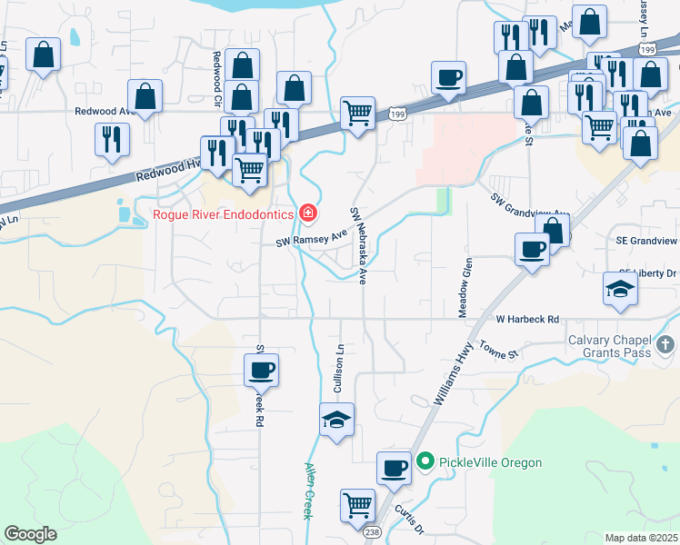 map of restaurants, bars, coffee shops, grocery stores, and more near 1881 Tamarac Lane in Grants Pass