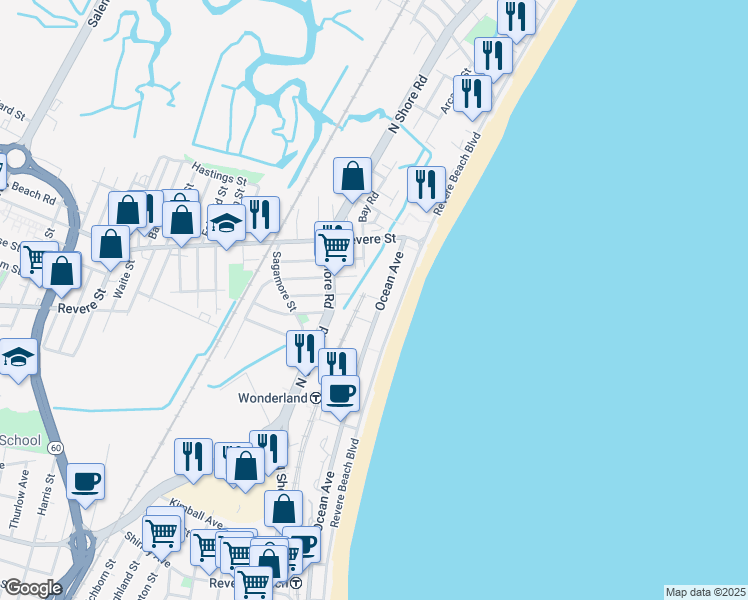 map of restaurants, bars, coffee shops, grocery stores, and more near 660 Ocean Avenue in Winthrop