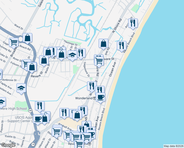 map of restaurants, bars, coffee shops, grocery stores, and more near 51 Agawam Street in Revere