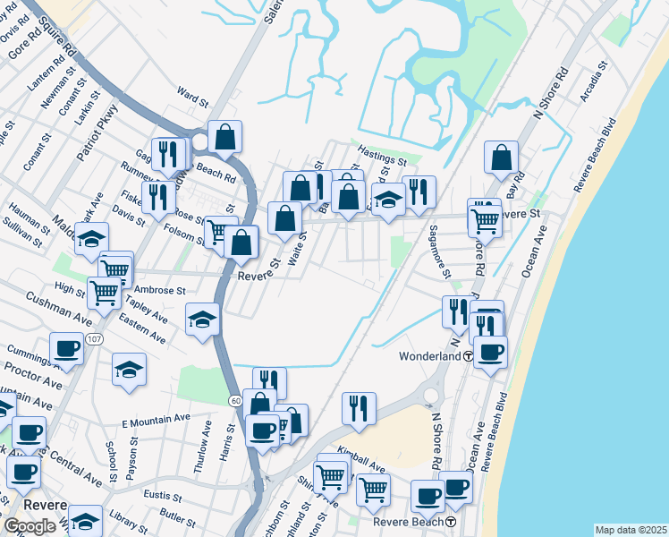 map of restaurants, bars, coffee shops, grocery stores, and more near 1 Washington Street in Revere
