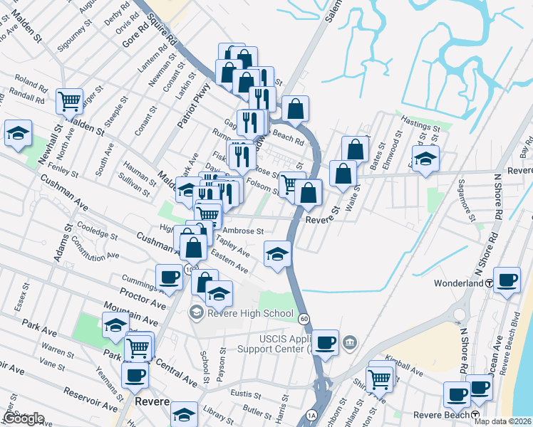 map of restaurants, bars, coffee shops, grocery stores, and more near 5 Oxford Park in Revere