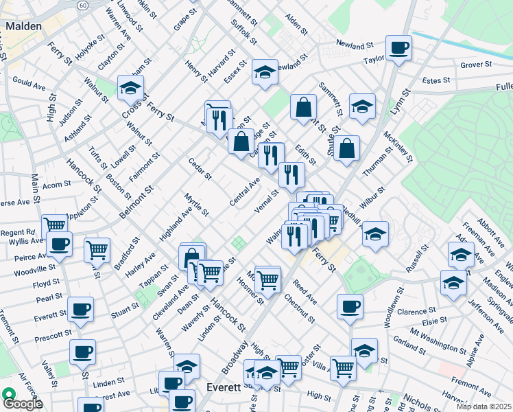 map of restaurants, bars, coffee shops, grocery stores, and more near 34 Bettinson Avenue in Everett