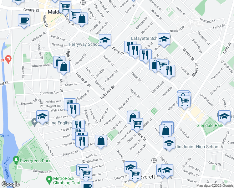 map of restaurants, bars, coffee shops, grocery stores, and more near 147 Belmont Street in Everett