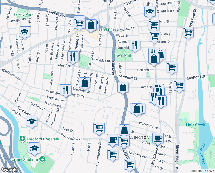 map of restaurants, bars, coffee shops, grocery stores, and more near 17a Amaranth Avenue in Medford