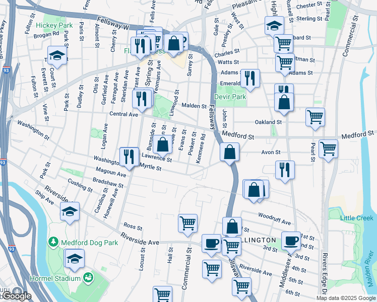 map of restaurants, bars, coffee shops, grocery stores, and more near 57 Pinkert Street in Medford