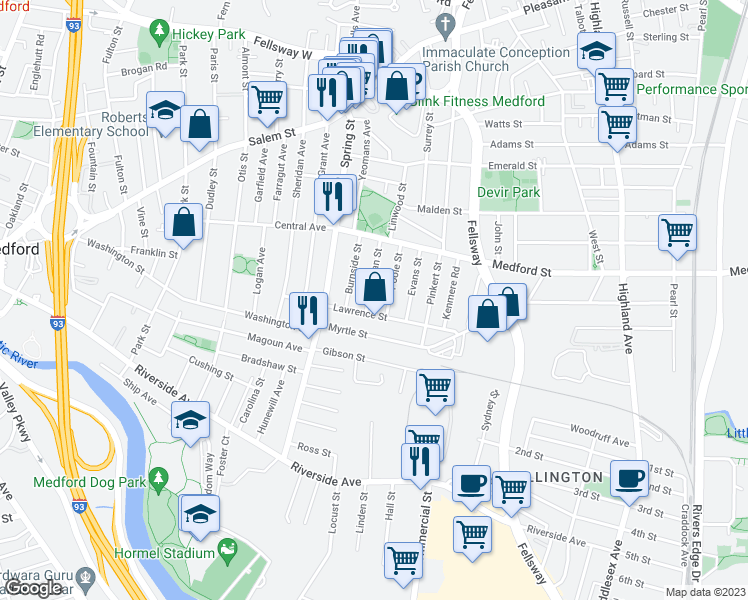 map of restaurants, bars, coffee shops, grocery stores, and more near 14 Chipman Street in Medford
