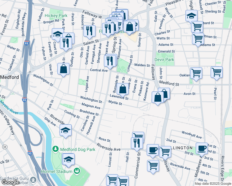 map of restaurants, bars, coffee shops, grocery stores, and more near 14 Chipman Street in Medford