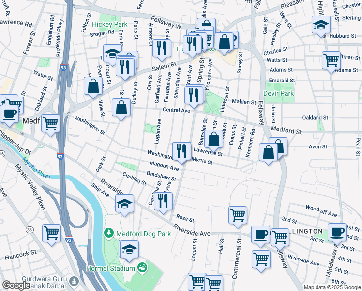 map of restaurants, bars, coffee shops, grocery stores, and more near 6 Lawrence Street in Medford