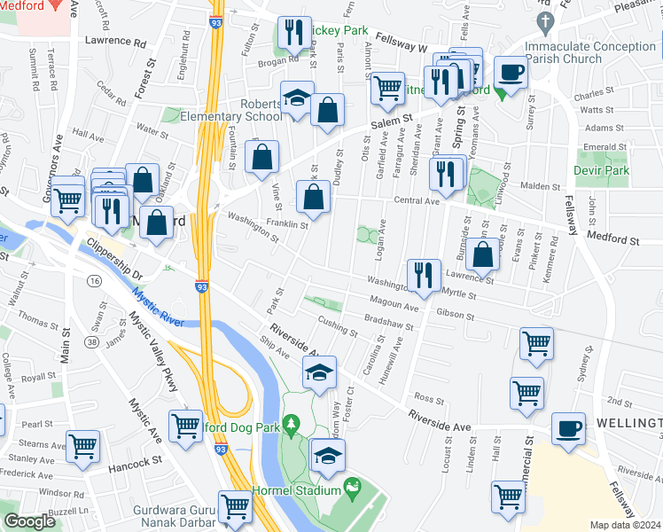 map of restaurants, bars, coffee shops, grocery stores, and more near 106 Washington Street in Medford