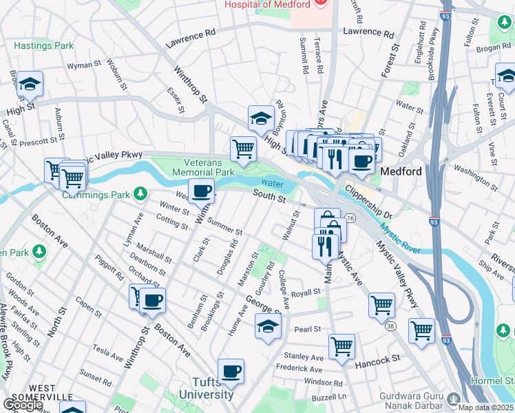 map of restaurants, bars, coffee shops, grocery stores, and more near 8 Touro Avenue in Medford