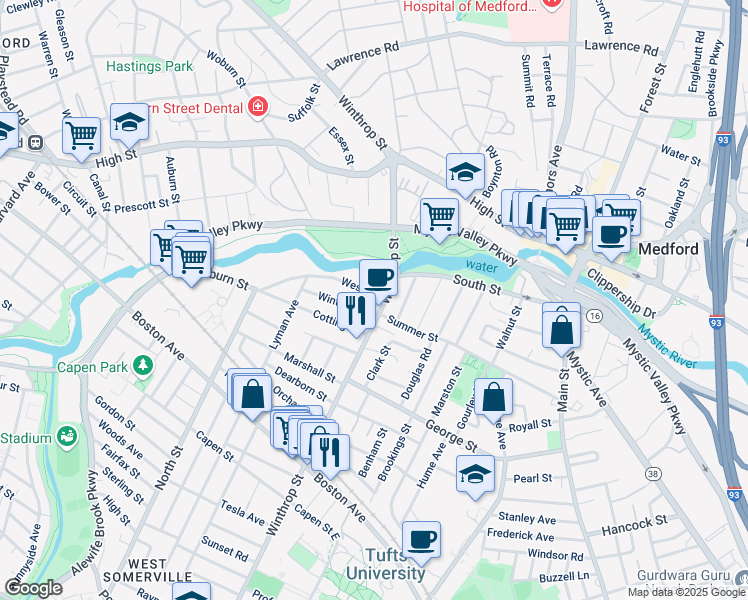 map of restaurants, bars, coffee shops, grocery stores, and more near 22 West Street in Medford