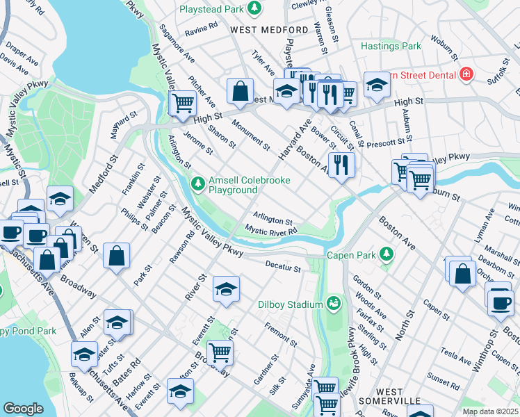 map of restaurants, bars, coffee shops, grocery stores, and more near 123 Jerome Street in Medford