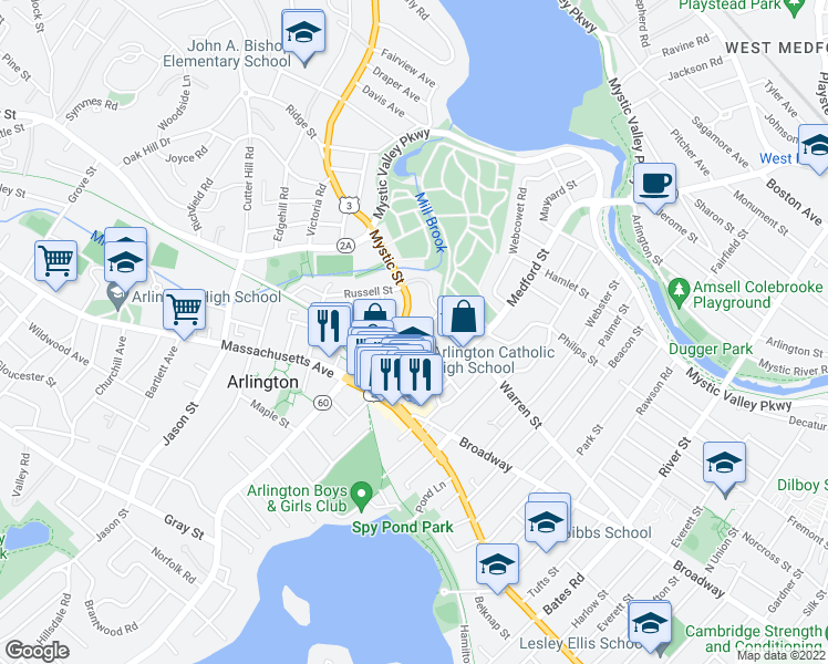 map of restaurants, bars, coffee shops, grocery stores, and more near 55 Massachusetts 60 in Arlington