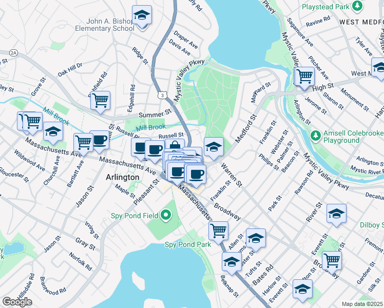 map of restaurants, bars, coffee shops, grocery stores, and more near 55 Massachusetts 60 in Arlington