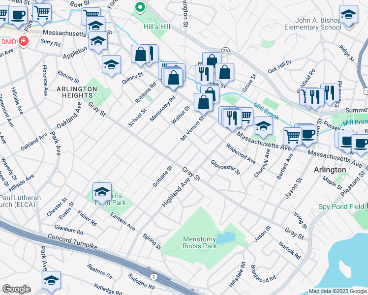 map of restaurants, bars, coffee shops, grocery stores, and more near 5 Scituate Street in Arlington