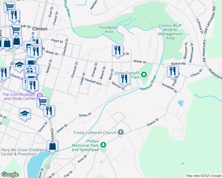 map of restaurants, bars, coffee shops, grocery stores, and more near 21 Spruce Street in Clinton