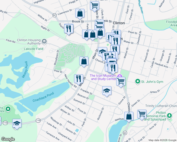 map of restaurants, bars, coffee shops, grocery stores, and more near 476 Main Street in Clinton