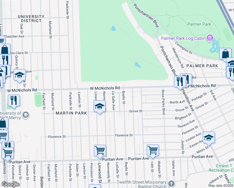 map of restaurants, bars, coffee shops, grocery stores, and more near 16936 La Salle Avenue in Detroit