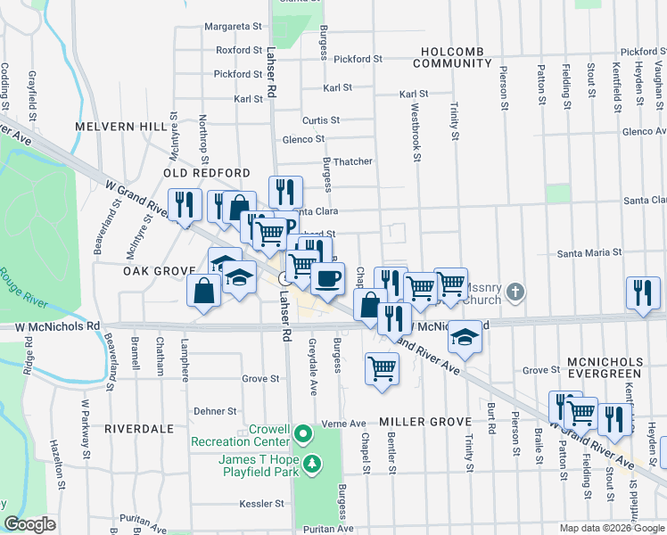 map of restaurants, bars, coffee shops, grocery stores, and more near 17270 Burgess in Detroit