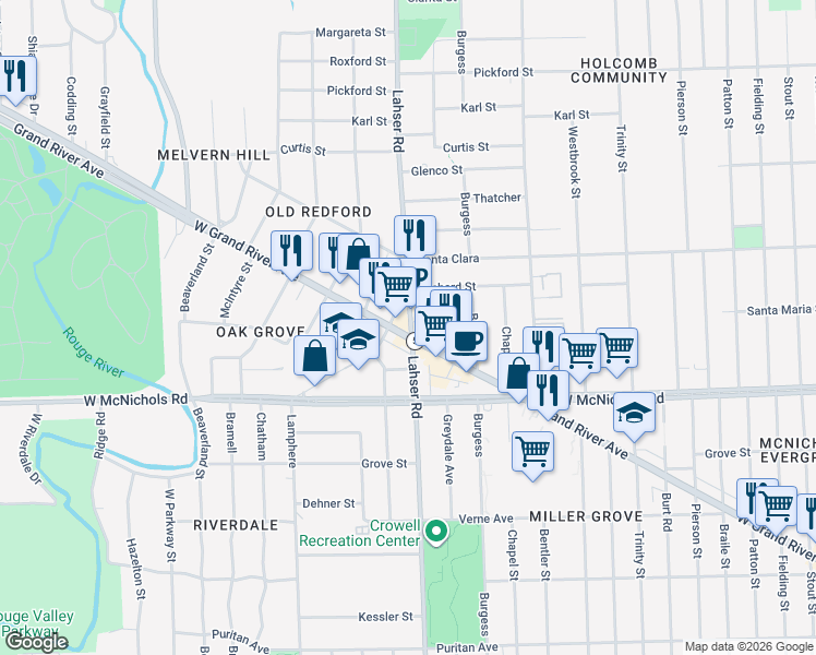 map of restaurants, bars, coffee shops, grocery stores, and more near in Detroit