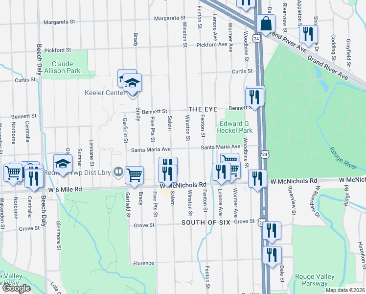 map of restaurants, bars, coffee shops, grocery stores, and more near 17323 Winston Street in Detroit