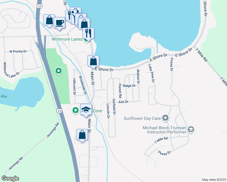 map of restaurants, bars, coffee shops, grocery stores, and more near 9077 Forest Road in Whitmore Lake