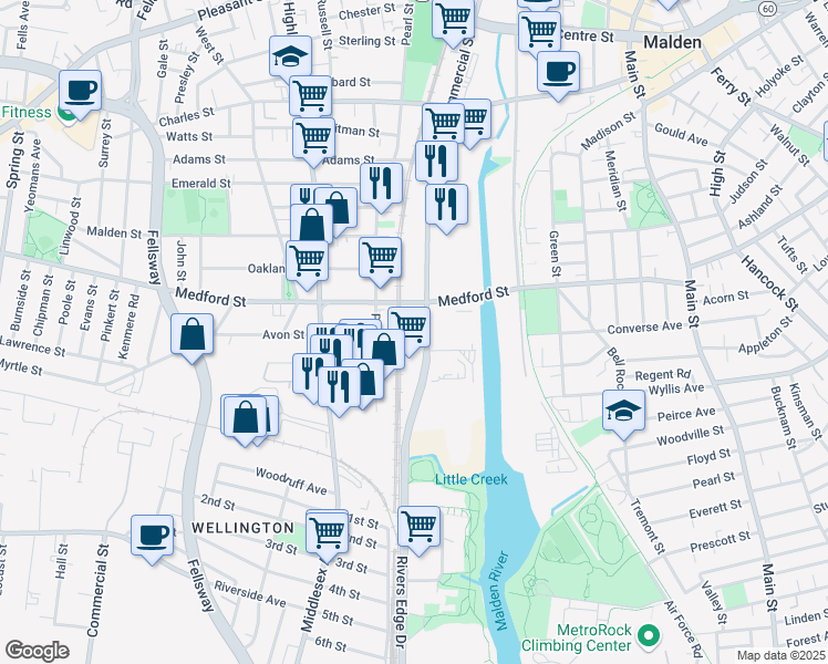 map of restaurants, bars, coffee shops, grocery stores, and more near 303 Commercial Street in Malden
