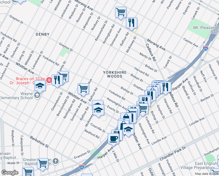 map of restaurants, bars, coffee shops, grocery stores, and more near 9930 Yorkshire Road in Detroit