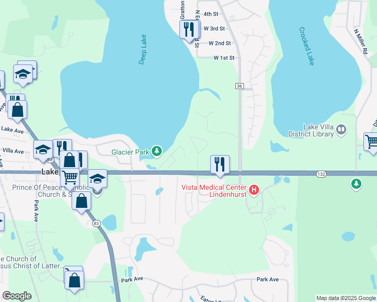map of restaurants, bars, coffee shops, grocery stores, and more near 715 Waters Edge Drive in Lake Villa