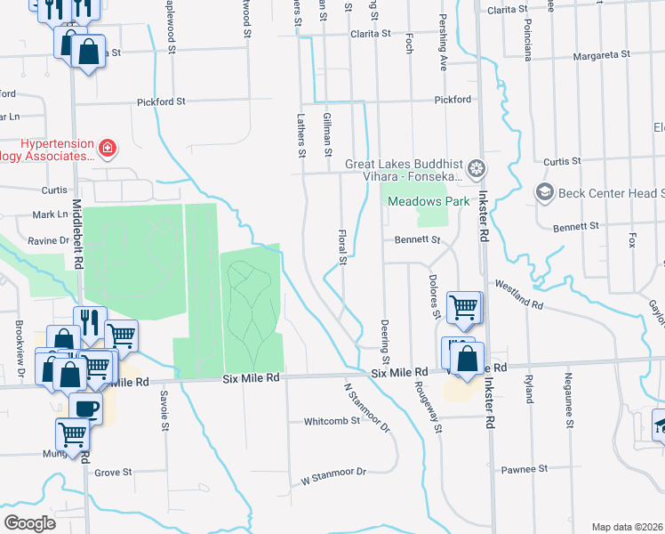 map of restaurants, bars, coffee shops, grocery stores, and more near 17733 Floral Street in Livonia