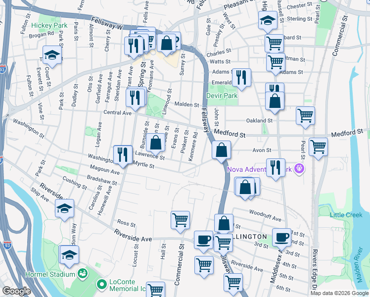 map of restaurants, bars, coffee shops, grocery stores, and more near 51 Pinkert Street in Medford