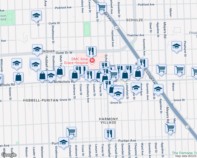 map of restaurants, bars, coffee shops, grocery stores, and more near 13708 West McNichols Road in Detroit