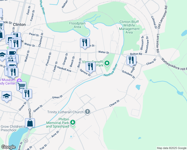 map of restaurants, bars, coffee shops, grocery stores, and more near 376 Green Street in Clinton