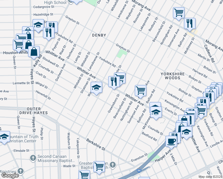 map of restaurants, bars, coffee shops, grocery stores, and more near 10707 Whittier Avenue in Detroit