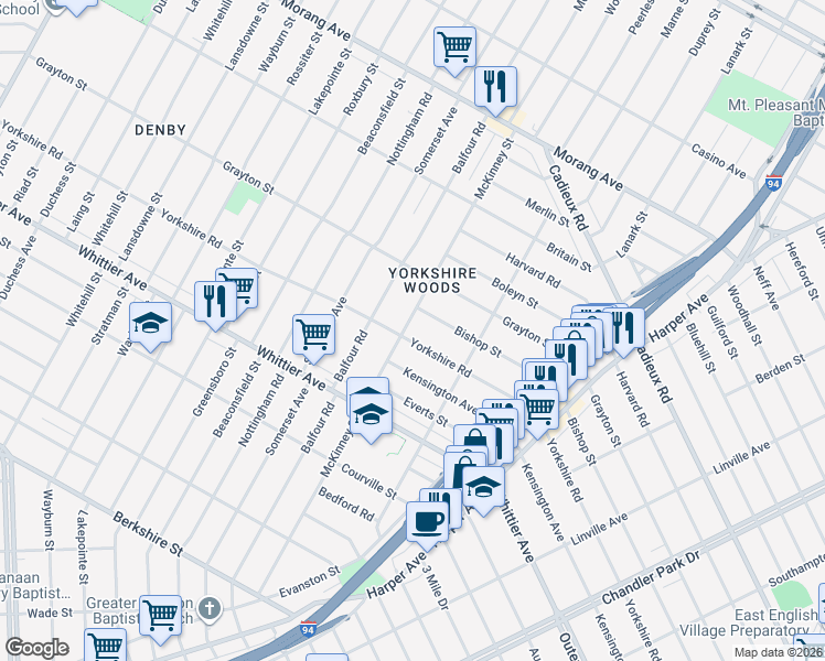 map of restaurants, bars, coffee shops, grocery stores, and more near 9930 Yorkshire Road in Detroit