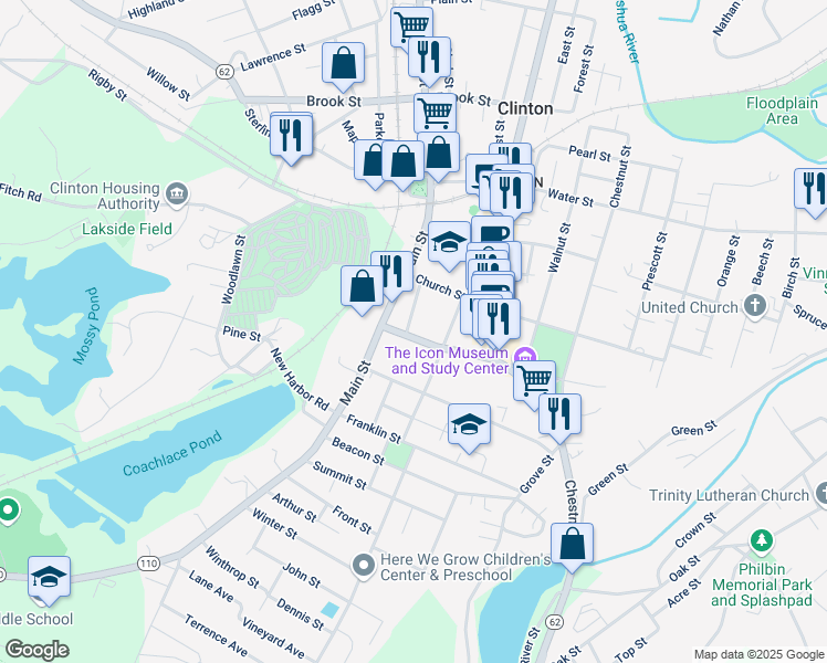 map of restaurants, bars, coffee shops, grocery stores, and more near 1 1/2 Nelson Street in Clinton