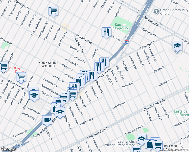 map of restaurants, bars, coffee shops, grocery stores, and more near Cadieux Rd & Harper I- 94 in Detroit