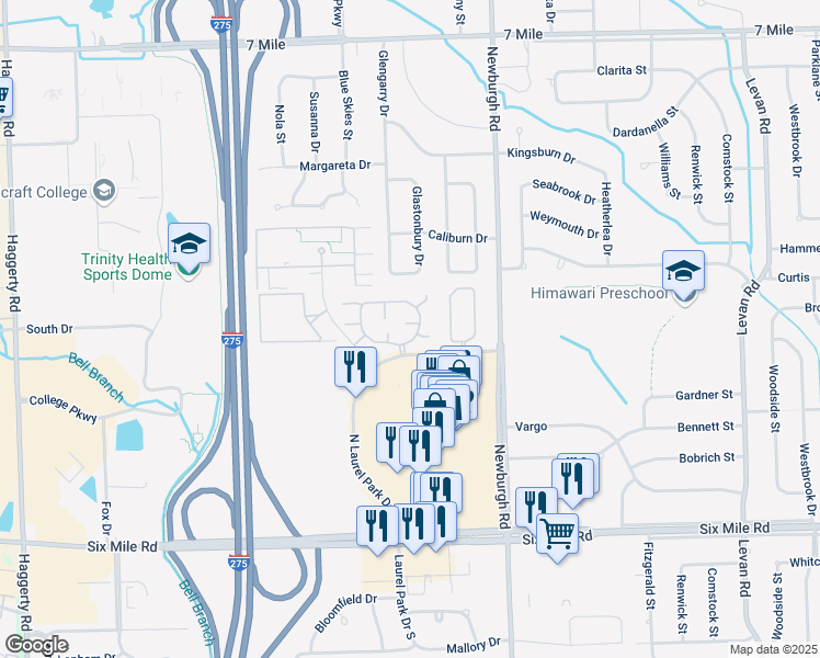 map of restaurants, bars, coffee shops, grocery stores, and more near 37752 North Laurel Park Drive in Livonia