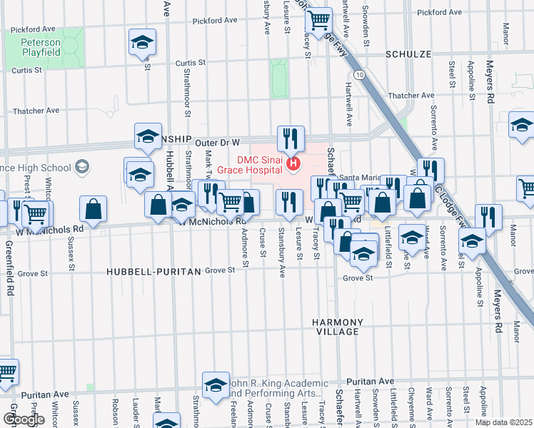 map of restaurants, bars, coffee shops, grocery stores, and more near 14022 West McNichols Road in Detroit