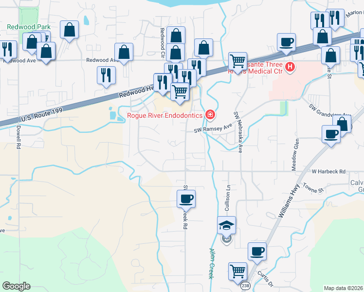 map of restaurants, bars, coffee shops, grocery stores, and more near 1880 Southwest Allen Creek Road in Grants Pass