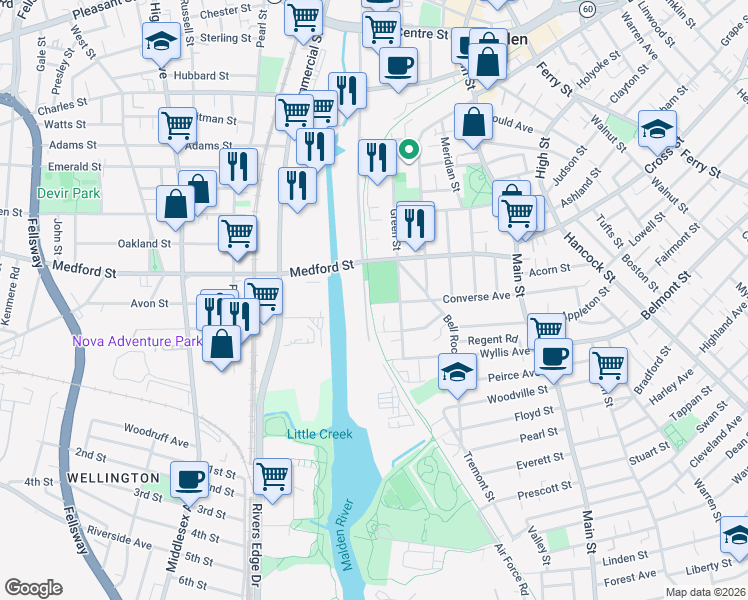 map of restaurants, bars, coffee shops, grocery stores, and more near 131 Converse Avenue in Malden