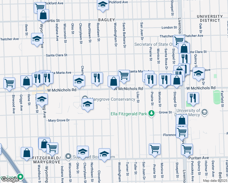 map of restaurants, bars, coffee shops, grocery stores, and more near 8031 West McNichols Road in Detroit