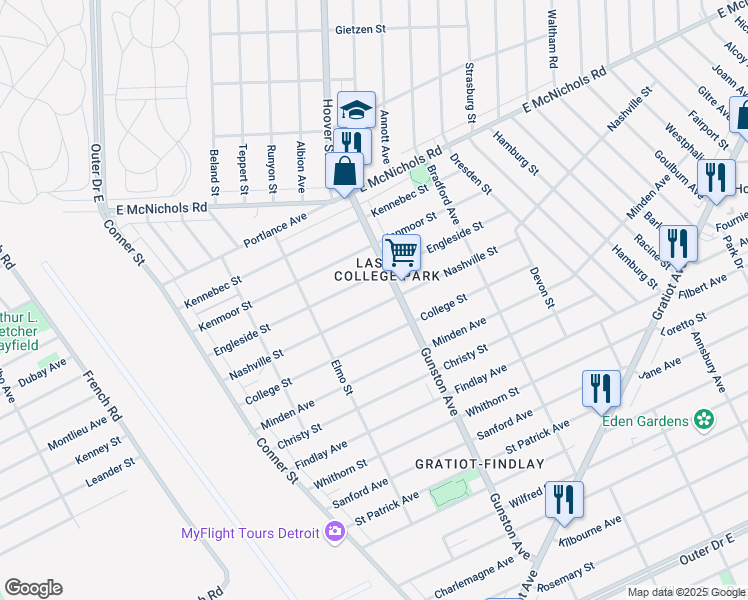 map of restaurants, bars, coffee shops, grocery stores, and more near 11537 Nashville Street in Detroit