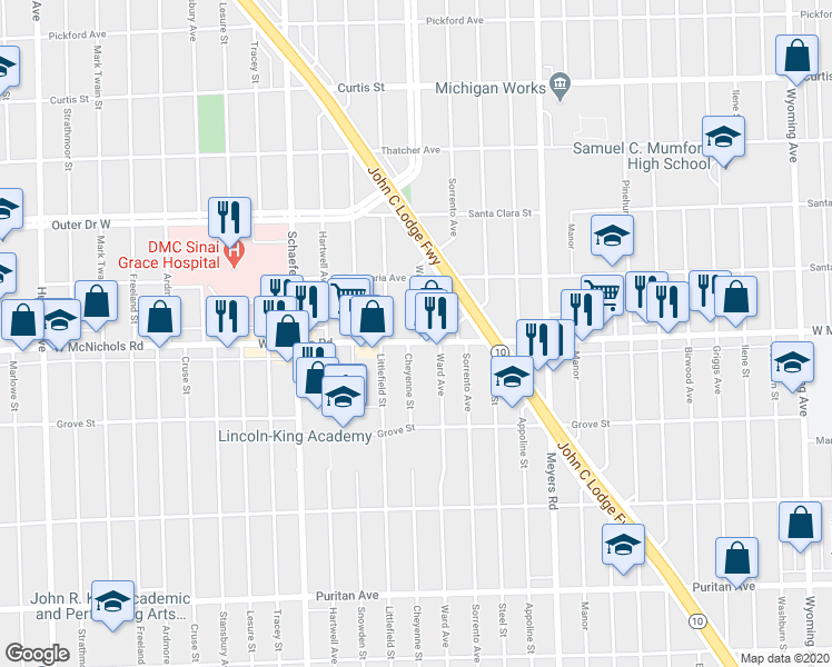 map of restaurants, bars, coffee shops, grocery stores, and more near 13140 West McNichols Road in Detroit