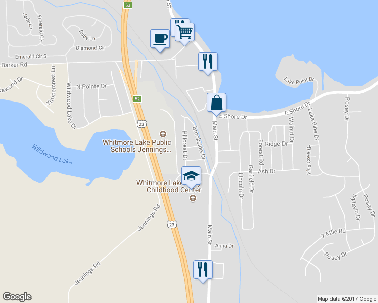 map of restaurants, bars, coffee shops, grocery stores, and more near 77 Whittier Drive in Whitmore Lake